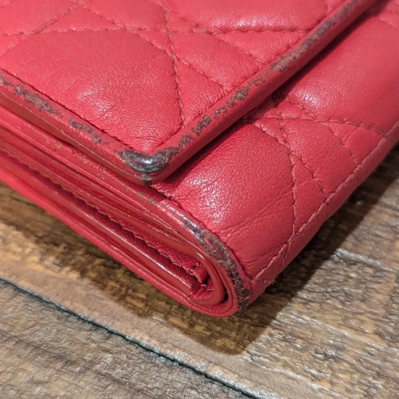 Authentic Christian Dior Lady Dior Cannage Trifold Wallet Lamb Skin Red - Picture 9 of 14